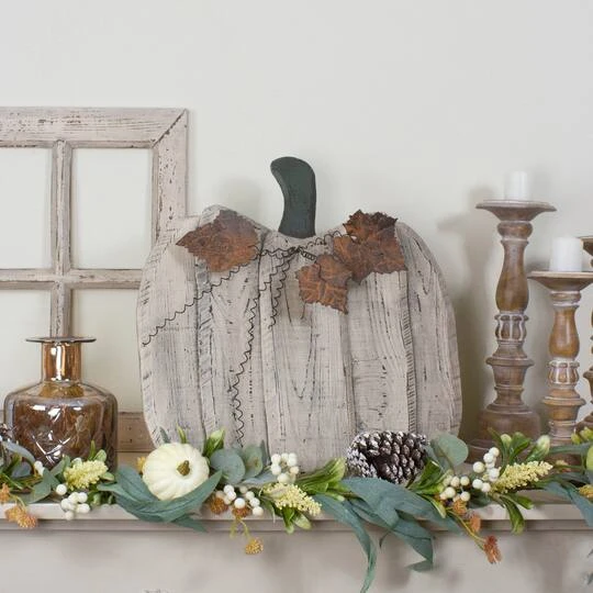 Northlight 18.5" Large Beige Wooden Fall Harvest Pumpkin With Leaves & Stem 5 Northlight 18.5" Large Beige Wooden Fall Harvest Pumpkin With Leaves & Stem - Image 3