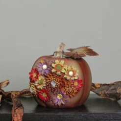 Northlight 7.5" Brown Solar Powered Floral Pumpkin Outdoor Decoration -Northlight D668773S 4