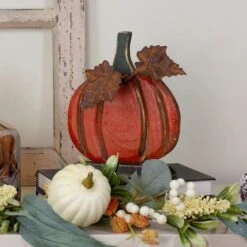 Northlight 8" Orange Carved Wood Fall Harvest Pumpkin Decoration -Northlight D668778S 2