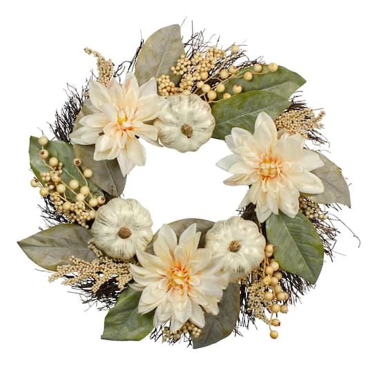 Northlight 22" Dahlia & Pumpkin Fall Floral Wreath 3 Northlight 22" Dahlia & Pumpkin Fall Floral Wreath