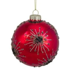 Northlight 4" Red & Brown Beaded Bursting Snowflake Glass Ball Ornament