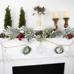 Northlight 4.75ft. Snowflake & Frosted Pine With Wooden Beads Christmas Garland -Northlight D676709S 12