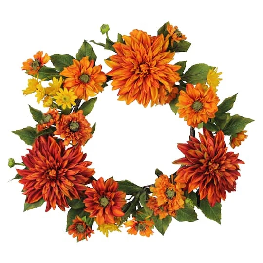 Northlight Mums And Daisies Twig Artificial Floral Wreath Orange 22" 4 Northlight Mums And Daisies Twig Artificial Floral Wreath Orange 22" - Image 2