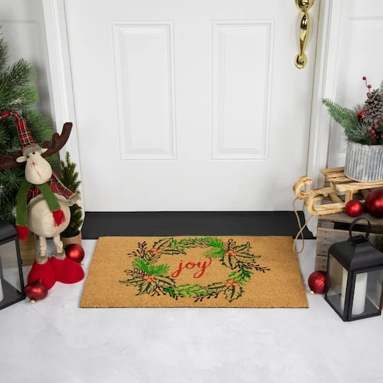 Northlight 30" Joy Wreath Natural Coir Christmas Doormat 5 Northlight 30" Joy Wreath Natural Coir Christmas Doormat - Image 3