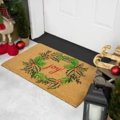 Northlight 30" Joy Wreath Natural Coir Christmas Doormat 12 Northlight 30" Joy Wreath Natural Coir Christmas Doormat -Northlight D716725S 3