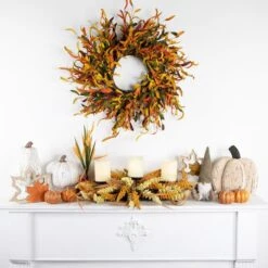 Northlight 22" Autumn Harvest Triple Candle Holder With Artificial Fall Foliage 11 Northlight 22" Autumn Harvest Triple Candle Holder With Artificial Fall Foliage -Northlight D736615S 2