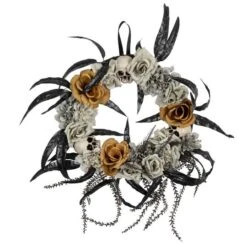 Northlight 14" Unlit Skulls With Orange & Gray Roses Halloween Wreath