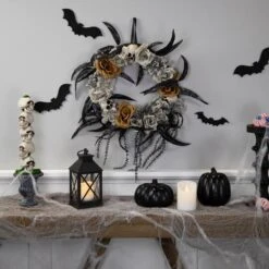 Northlight 14" Unlit Skulls With Orange & Gray Roses Halloween Wreath -Northlight D736616S 3
