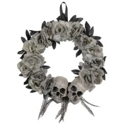 Northlight 16" Double Skull & Gray Roses Halloween Wreath