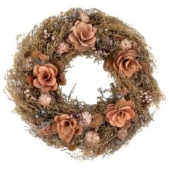 Northlight 13.75" Orange & Coral Pink Twig & Floral Autumn Harvest Wreath -Northlight D736673S 1 1