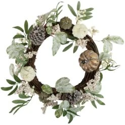 Northlight 20" Pumpkin & Berries With Pinecones Artificial Fall Harvest Twig Wreath