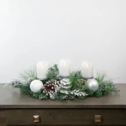 Northlight 30" Green Pine & Needle Triple Candle Holder With Pinecones & Christmas Ornaments 10 Northlight 30" Green Pine & Needle Triple Candle Holder With Pinecones & Christmas Ornaments -Northlight D756230S 2