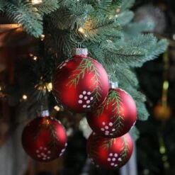 Northlight 4ct. Matte Red With Pine Needles Glass Christmas Ball Ornaments -Northlight D756243S 3