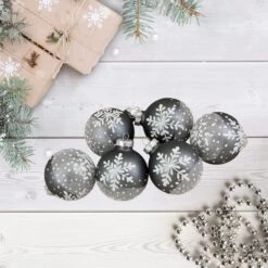 Northlight 6ct. 4" Gray & White Snowflake Glass Ball Ornaments 9 Northlight 6ct. 4" Gray & White Snowflake Glass Ball Ornaments -Northlight D756279S 2