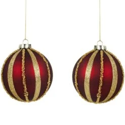 Northlight 2ct. 4" Burgundy And Gold Striped Beaded Christmas Glass Ball Ornaments