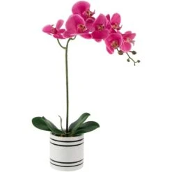 Northlight 24" Real Touchâ„¢ Pink Orchid In A Striped Ceramic Pot