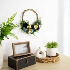 Northlight 12" Blue & Tan Poppy Floral Wooden Spring Basket Wreath -Northlight D761788S 2