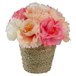 Northlight 6" Pink & White Potted Peony Arrangement