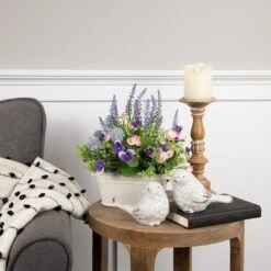 Northlight 12" Lavender & Mixed Spring Floral In Weathered Ceramic Pot 11 Northlight 12" Lavender & Mixed Spring Floral In Weathered Ceramic Pot -Northlight D761817S 2