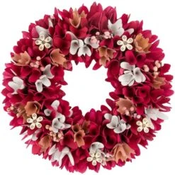 Northlight 13" Fuchsia Pink & White Wooden Floral Wreath With Berries
