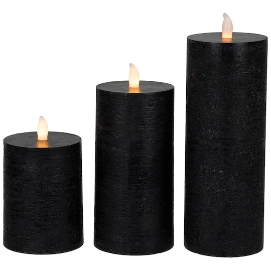 Northlight Black Flickering LED Halloween Wax Pillar Candles, 3ct. 3 Northlight Black Flickering LED Halloween Wax Pillar Candles, 3ct.