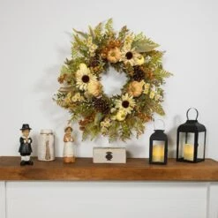 Northlight 28" White Sunflowers & Pumpkins Fall Harvest Wreath -Northlight D800618S 2