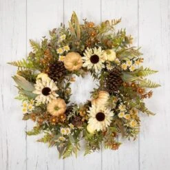 Northlight 28" White Sunflowers & Pumpkins Fall Harvest Wreath -Northlight D800618S 4