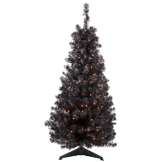 Northlight 4ft. Black Slim Pre-Lit Halloween Tinsel Tree With Clear Lights 3 Northlight 4ft. Black Slim Pre-Lit Halloween Tinsel Tree With Clear Lights