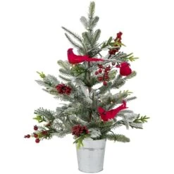 Northlight 2ft. Pre-Lit Potted Frosted Mixed Pine With Cardinals Christmas Tree, Warm White LED Lights