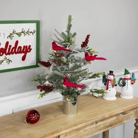 Northlight 2ft. Pre-Lit Potted Frosted Mixed Pine With Cardinals Christmas Tree, Warm White LED Lights 5 Northlight 2ft. Pre-Lit Potted Frosted Mixed Pine With Cardinals Christmas Tree, Warm White LED Lights - Image 3