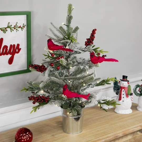 Northlight 2ft. Pre-Lit Potted Frosted Mixed Pine With Cardinals Christmas Tree, Warm White LED Lights 6 Northlight 2ft. Pre-Lit Potted Frosted Mixed Pine With Cardinals Christmas Tree, Warm White LED Lights - Image 4