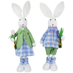 Northlight 18.75" Bunny Couple In Matching Checkered Outfits Easter Figures Set