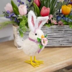 Northlight 8.75" Floral Easter Chick Accent With Polka Dot Faux Fur Rabbit Ears -Northlight D827091S 2