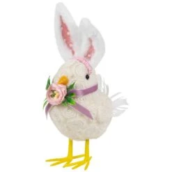 Northlight 8.75" Floral Easter Chick Accent With Polka Dot Faux Fur Rabbit Ears -Northlight D827091S 5