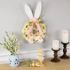 Northlight 18" Wooden Floral Artificial Easter Wreath With Rabbit Ears & Paws -Northlight D827107S 2
