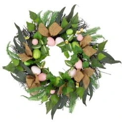Northlight 22" Easter Egg & Burlap Ribbon Mixed Foliage Twig Wreath