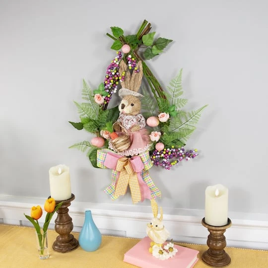 Northlight 20" Pink Flower Bunny Moss Vines Teardrop Easter Wreath 5 Northlight 20" Pink Flower Bunny Moss Vines Teardrop Easter Wreath - Image 3