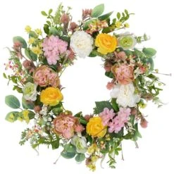 Northlight 26" Pink & Yellow Rose & Hydrangea Floral Spring Wreath