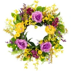 Northlight 24" Yellow & Purple Peonies & Forsythia Spring Wreath