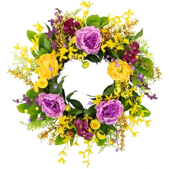 Northlight 24" Yellow & Purple Peonies & Forsythia Spring Wreath 3 Northlight 24" Yellow & Purple Peonies & Forsythia Spring Wreath