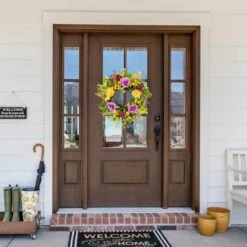 Northlight 24" Yellow & Purple Peonies & Forsythia Spring Wreath 11 Northlight 24" Yellow & Purple Peonies & Forsythia Spring Wreath -Northlight D827137S 2