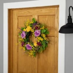 Northlight 24" Yellow & Purple Peonies & Forsythia Spring Wreath 12 Northlight 24" Yellow & Purple Peonies & Forsythia Spring Wreath -Northlight D827137S 3