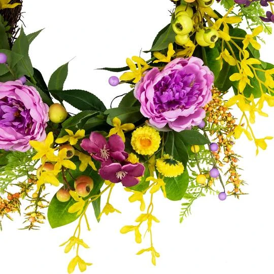 Northlight 24" Yellow & Purple Peonies & Forsythia Spring Wreath 9 Northlight 24" Yellow & Purple Peonies & Forsythia Spring Wreath - Image 7