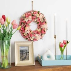 Northlight 12.5" Pink Wooden Artificial Floral & Berries Spring Wreath -Northlight D827192S 2